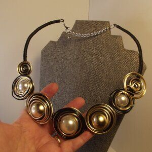 Necklace - Artisan Made Twisted Wire with Faux Pearls in Gold & Black tones